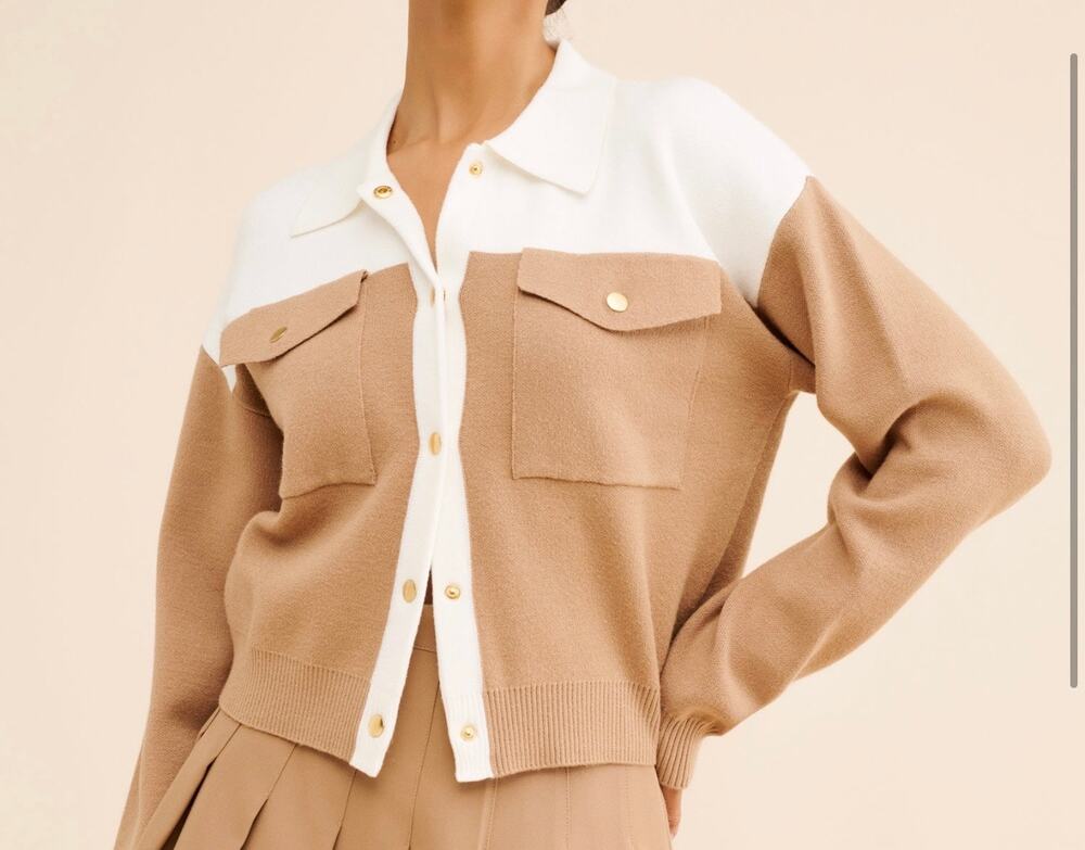Ellen Tracy Sweater Jacket L Camel Ivory Colorblock Gold Snap Pockets